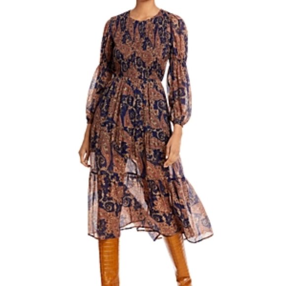 Aqua Dresses & Skirts - Aqua Navy and Brown Paisley Long Sleeve Midi Dress